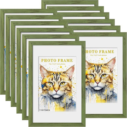 Picrit 11x17 Picture Frame Set of 12, Display 8x12 with Mat or 11x17 without Mat, Photo Frames for Wall Mounting Display, Green Wood Grain