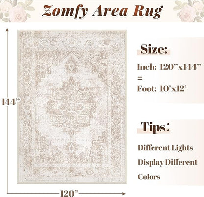 Area Rug 10x12 Vintage Rug: Large Washable Indoor Medallion Rugs Low Pile Distressed Floor Carpet Retro Accent Rug for Living Room Bedroom Dining Room Home Office(Beige, 10'x12')