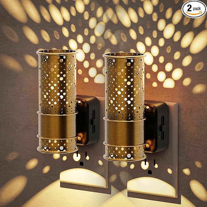 JandCase Night Lights Plug into Wall, Aesthetic Nightlight with Metal Shade, 3000K Warm White 0-100LM Adjustable Brightness, Dusk to Dawn Sensor Plug in Night Light for Bathroom Hallway[2 Pack]