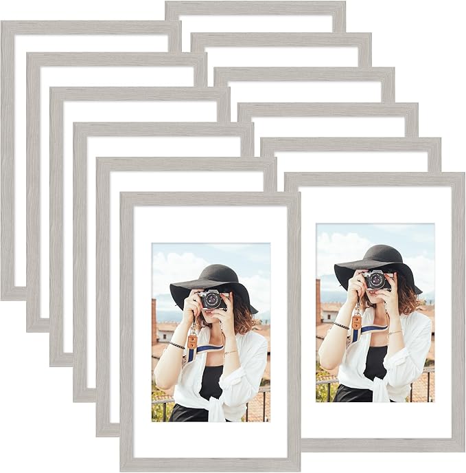 Picrit 11x17 Picture Frame Set of 12, Display 8x12 with Mat or 11x17 without Mat, Photo Frames for Wall Mounting Display, Gray
