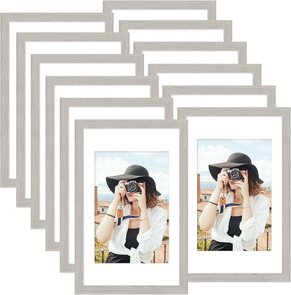 Picrit 11x17 Picture Frame Set of 12, Display 8x12 with Mat or 11x17 without Mat, Photo Frames for Wall Mounting Display, Gray