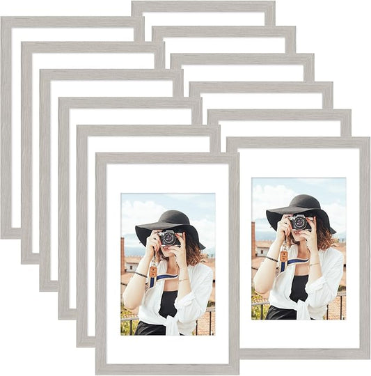 Picrit 11x17 Picture Frame Set of 12, Display 8x12 with Mat or 11x17 without Mat, Photo Frames for Wall Mounting Display, Gray