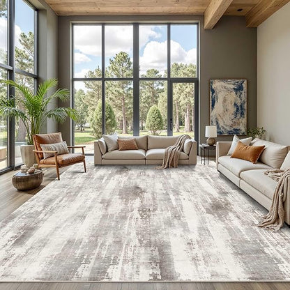 9x12 Area Rug for Living Room, Large Washable Rug, Soft Neutral Abstract Rug for Bedroom, Office, Farmhouse, Low Pile Imitation Wool Non Slip Carpet Ideal for High-Traffic Areas, Beige Taupe