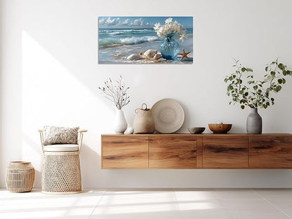 TutuBeer Beach Bathroom Canvas Wall Art Starfish with White Flower Coastal Pictures Wall Art Canvas Seascape Poster Seaside Seashell Painting Print Artwork for Living Room Bedroom 12"x24"x1 Panel