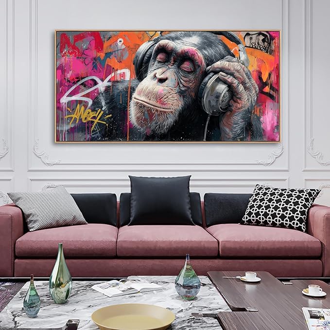 Sorbrozo DJ Gorilla Canvas Wall Art with Wood Frame - Vibrant Street Graffiti Animal Painting Music Themed Ready to Hang Decor for Living Room Bedroom & Man Cave 20x40in