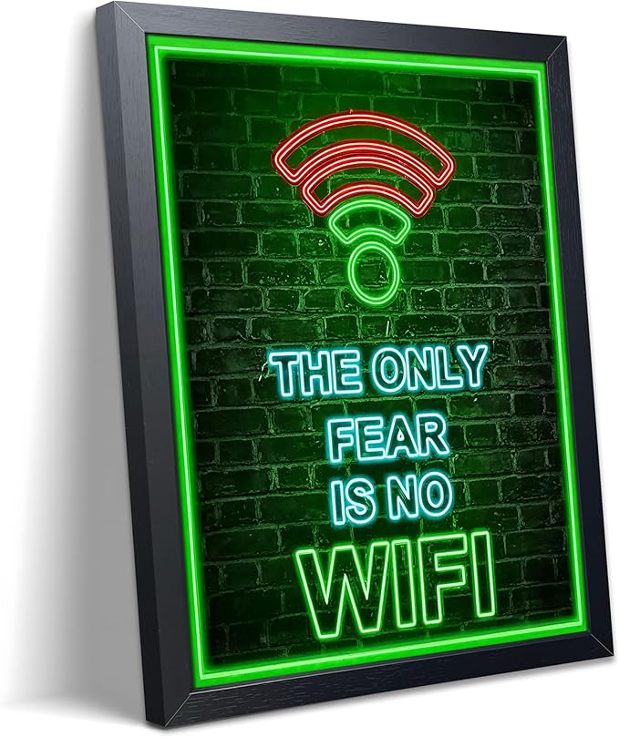 Framed Gamer Wall Art, Boys Game Room Wall Decor Painting, The Only Fear Is No WiFi Neon Canvas Print Picture, Green LED Style Gaming Room Decor Oil Painting for Kids Teens Bedroom 8x10 Inch