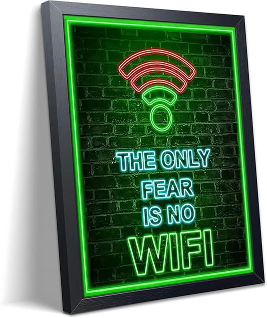 Framed Gamer Wall Art, Boys Game Room Wall Decor Painting, The Only Fear Is No WiFi Neon Canvas Print Picture, Green LED Style Gaming Room Decor Oil Painting for Kids Teens Bedroom 8x10 Inch