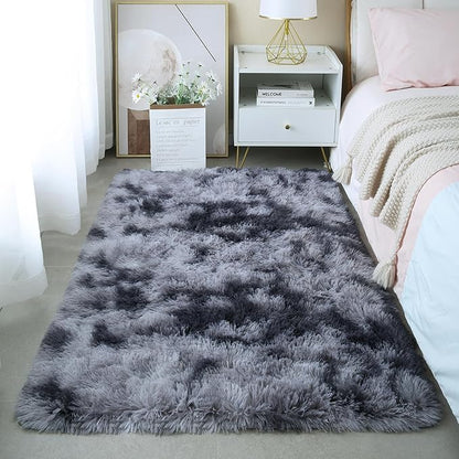 KICHOWUA 3x5 Dark Grey Fluffy Shag Rug for Bedroom, Soft Plush Fuzzy Washable Floor Non Slip Small Carpet for Living Room, Modern Comfy Furry Shaggy Area Rugs for Kids Baby Nursery Dorm, Tie-Dye Gray
