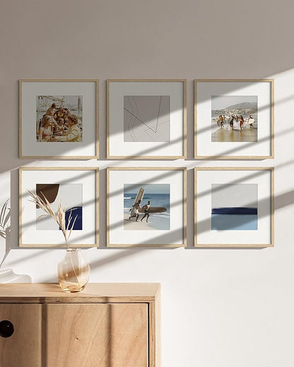 HAUS AND HUES Solid Oak Wood 12”x12” Picture Frames Matted to 8”x8” Set of 6 - Photo Gallery Wall Frames 12x12, Wood Picture Frames with Mat, 12x12 Gallery Wall Set (Beige Oak Frames)