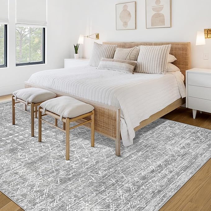 Area Rug for Living Room 9x12: Large Washable Boho Moroccan Rugs Geometric Neutral Rug, Non-Slip Foldable Morden Farmhouse Indoor Floor Carpet for Bedroom Dining Table Home (Moroccan Grey, 9'x12')