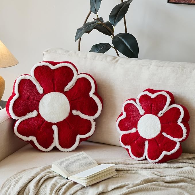 Flower Shaped Decorative Throw Pillow Cushion for Bed Couch, Cute Flower Plush Throw Pillows Home Decor Floor Pillow Seating Cushions (Burgundy, 13.7 Inches)