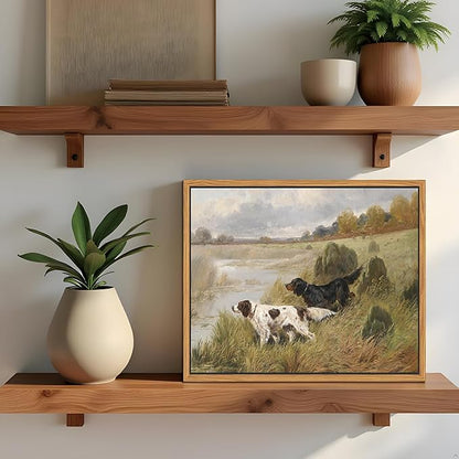 Floating Framed Vintage Hunting Dog Wall Art, Classic Countryside Landscape Canvas Print, English Setter and Gordon Setter Painting, Rustic Farmhouse Wall Decor for Living Room Study Office 8X10 inch