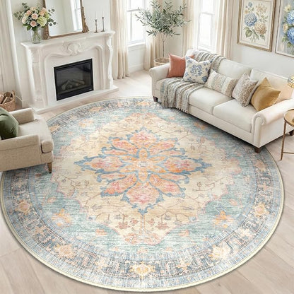 RELEANY Area Rugs Round 8ft Washable Non-Slip, Floral Vintage Distress Print Pattern Medallion Carpet for Living Room Bedroom Dining Room, Blue Orange Red