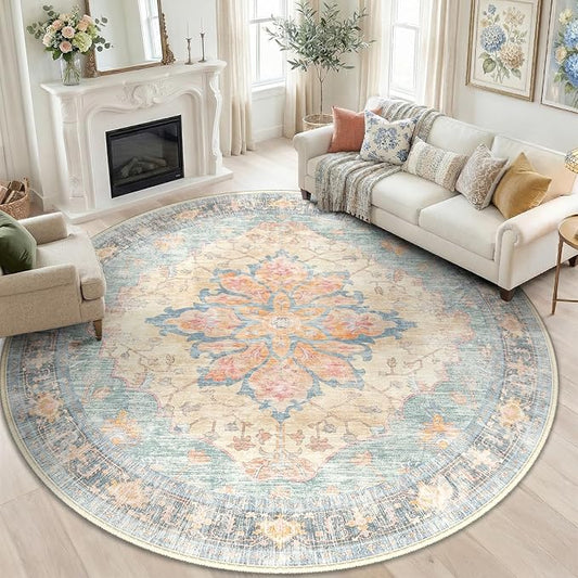 RELEANY Area Rugs Round 8ft Washable Non-Slip, Floral Vintage Distress Print Pattern Medallion Carpet for Living Room Bedroom Dining Room, Blue Orange Red