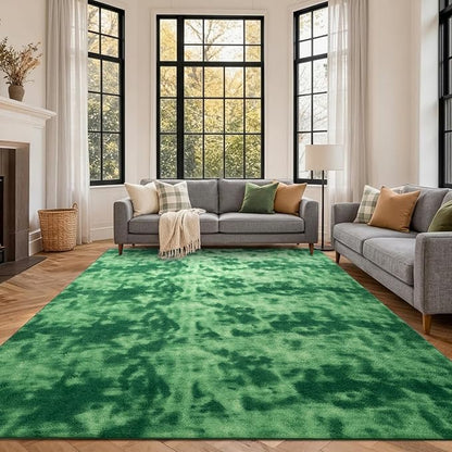 FinRèc 7x10 Washable Area Rugs for Bedroom Living Room, Low Pile Thin Ultra Soft Shag Rug, Non-Slip Carpet Indoor for Home Decor (Tie-dye Green)