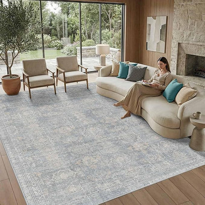 Rugxara 8x10 Area Rugs for Living Room, Large Washable Rug, Blue Vintage Retro Boho Style, Non Slip & Low Pile Faux Wool Carpet for Indoor Dining Room, Bedroom, Dorm and Kids Room(Blue/Beige 8x10ft)