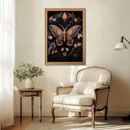Framed Vintage 3D Textured Wall Art - Gothic Butterfly Wall Decor - Hand Drawn Sandstone Nature Botanical Pictures for Living Room Bedroom Home Decor 24x36in
