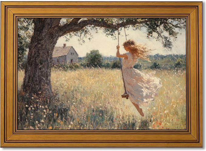 Vintage Gold Framed Canvas Wall Art, Swing Girl Poster Artwork, Country Landscape Print Picture, English Cottage Wildflorals Painting Wall Decor, for Living Room, Bedroom, Home Decoration, 12x16in