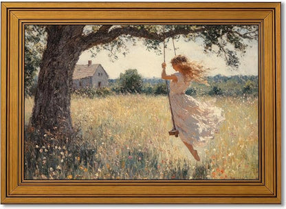 Vintage Gold Framed Canvas Wall Art, Swing Girl Poster Artwork, Country Landscape Print Picture, English Cottage Wildflorals Painting Wall Decor, for Living Room, Bedroom, Home Decoration, 12x16in