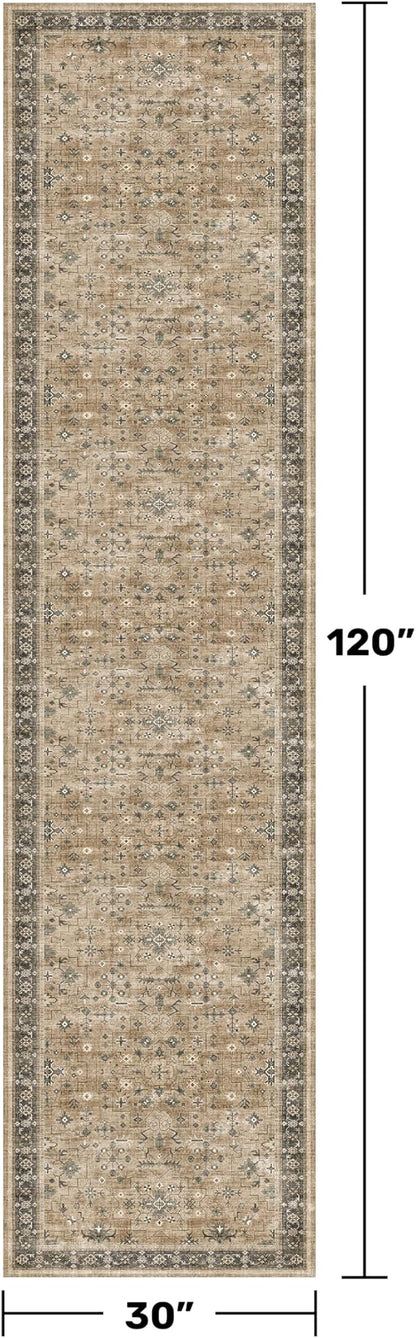 Boho Washable 10ft Long Runners for Hallways, Earthy Sage Taupe 2'6"x10' Wide Kitchen Runner Rug, Vintage Entryway Indoor Rug, Non-Slip Stain Resistant Low Pile Throw Rug