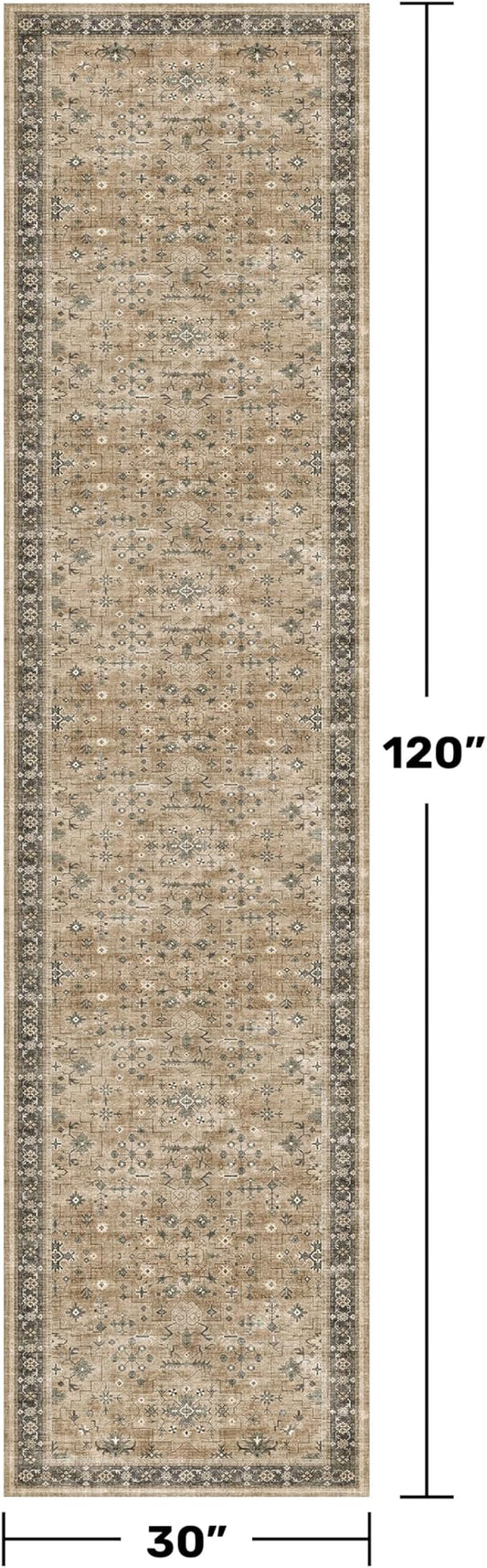 Boho Washable 10ft Long Runners for Hallways, Earthy Sage Taupe 2'6"x10' Wide Kitchen Runner Rug, Vintage Entryway Indoor Rug, Non-Slip Stain Resistant Low Pile Throw Rug