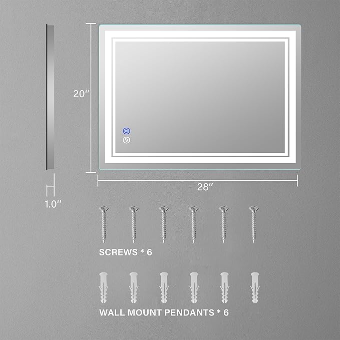 28"x 20" LED Bathroom Mirror Vanity Mirror, Anti-Fog, Dimmable, Color Temperature Adjustable 3000-6000K, Switch-held Memory Led Wall Mirror Suitable for Bathroom, Vanity (Vertical/Horizontal)