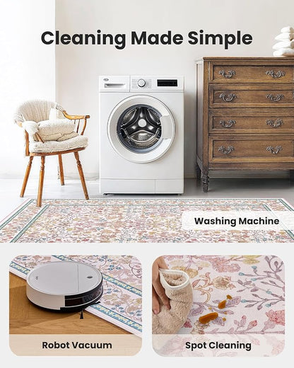 AMADA HOMEFURNISHING 5x7 Area Rug, Washable Living Room Rug with Non-Slip Backing, Low Pile and Durable Edge Binding, Vintage Soft Floral Rugs for Living Room, Bedroom, Dining Room
