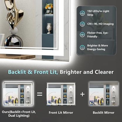 36x36 LED Bathroom Mirror with Lights, Backlit and Front Lit Anti-Fog Lighted Vanity Mirrors for Bathroom Wall, Dimmable, 3-Color Light, Memory, Shatter-Proof, HD Tempered Glass, CRI＞90