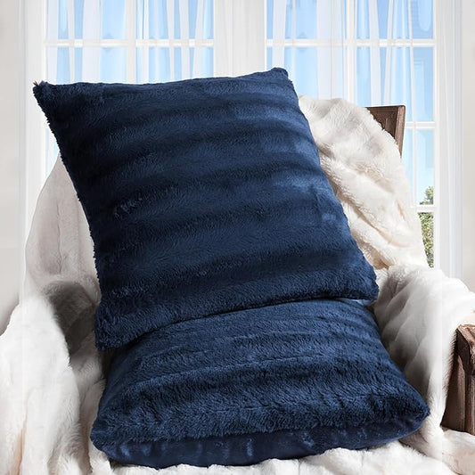Cheer Collection Faux Fur Throw Pillows - Decorative Pillows for Couch, Bed Throw Pillows, Blue Accent Pillows for Bedroom or Living Room Aesthetic, Set of 2 Furry Throw Pillows, 24" x 24"