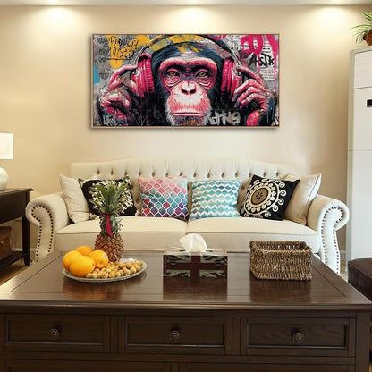 Sorbrozo DJ Gorilla Street Wall Art Print - Colorful Graffiti Canvas Painting with Headphones Music Theme Wall Decor for Boys Room Home and Office 24X48in
