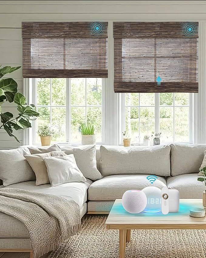 Motorized Bamboo Roman Blinds with Remote, Woven Roman Shades Compatible with Alexa Google Home, Automatic Bamboo Blind for Indoor Windows CustomSize(Cinderwood)