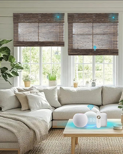 Motorized Bamboo Roman Blinds with Remote, Woven Roman Shades Compatible with Alexa Google Home, Automatic Bamboo Blind for Indoor Windows CustomSize(Cinderwood)
