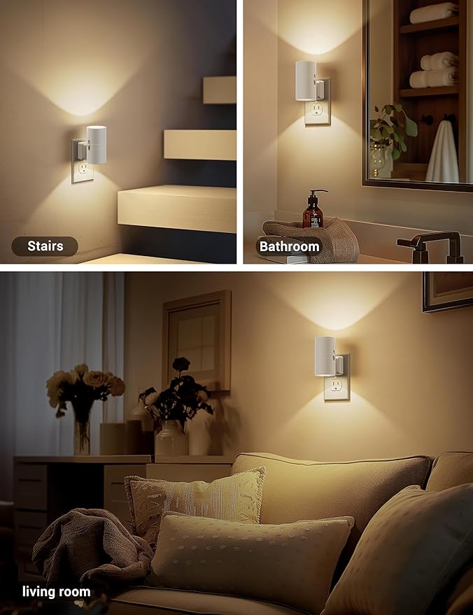 JandCase Night Lights Plug into Wall, Dimmable Night Light Plug in, Modern Night Light Dusk to Dawn Light Sensor, Warm White 3000K, 0-100LM Adjustable Brightness Nightlight for Hallway Bedroom, 2 Pack