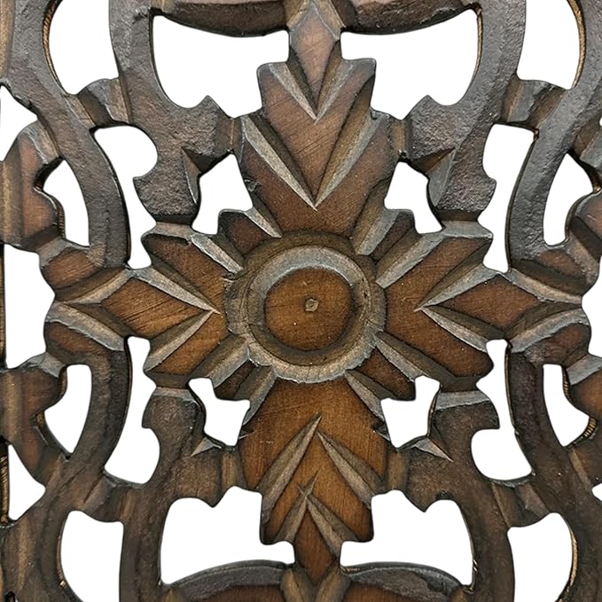 Floral Hand Carved Wooden Wall Panels Set of 2, Rustic Brown Decorative Wall Art for Living Room, Bedroom, Hallway & Home Décor, Vintage Rustic Finish Handmade Wooden Hanging Panels