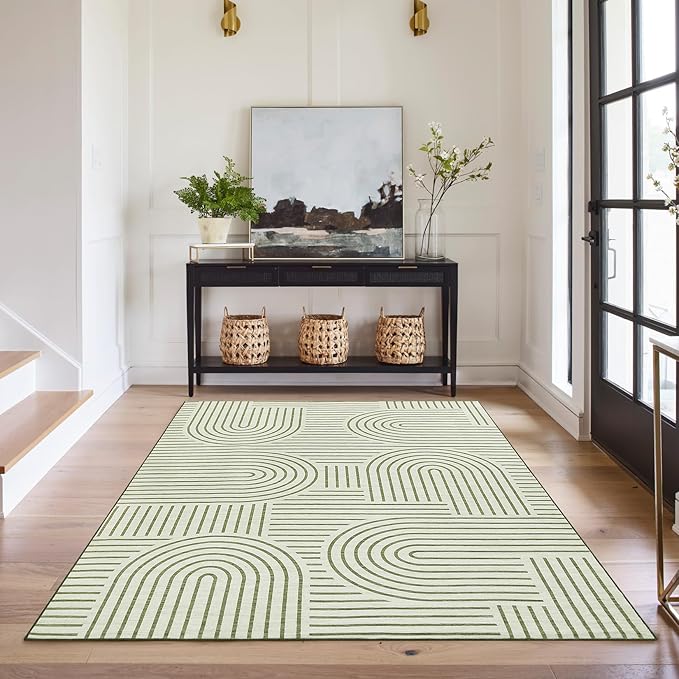 ROYHOME Washable Rug 4x6 Area Rugs for Living Room, Abstract Rug for Bedroom, Soft Rainbow Non Slip Throw Rugs with Rubber Back, Low Pile Stain Resistant Boho Geometric Carpet for Dining Room, Green