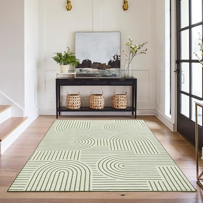 ROYHOME Washable Rug 4x6 Area Rugs for Living Room, Abstract Rug for Bedroom, Soft Rainbow Non Slip Throw Rugs with Rubber Back, Low Pile Stain Resistant Boho Geometric Carpet for Dining Room, Green