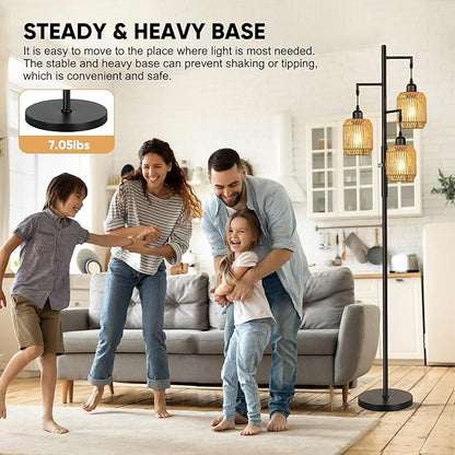 ROTTOGOON Dimmable Boho Floor Lamp - 3 Light Farmhouse Rattan Floor Lamp for Living Room, Industrial Tree Floor Lamps with 3 X 6W LED Bulbs, Rustic Standing Tall Lamp for Bedroom, Office, 68", Black