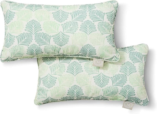 Martha Stewart Modern Banana Leaves Indoor Outdoor Decorative Lumbar Pillow 2-Pack Set, UV Fade Resistant, Water Repellent, Printed Tropical Design, Green, 11"x18"