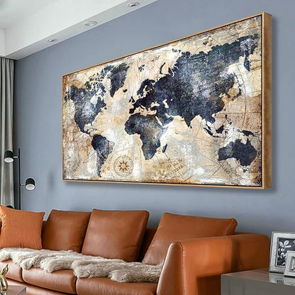 Framed Wall Art World Map Canvas Art Print Picture Wall Decor Home Interior - Map Picture for Office Decor Travel Memory Nautical Canvas Artwork 24x48 inch Ready to Hang (Framed)