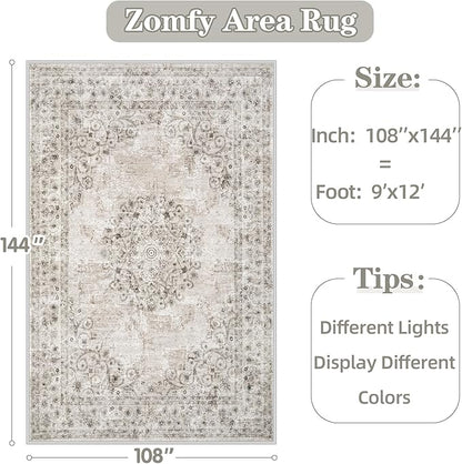 Area Rug 9x12 Vintage Rug: Large Washable Indoor Medallion Rugs Low Pile Distressed Floor Carpet Retro Accent Rug for Living Room Bedroom Kitchen Dining Table Home Office(Distressed Taupe, 9'x12')