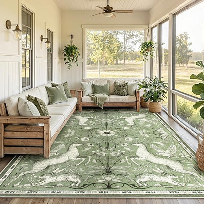 Lahome 8x10 Area Rug for Living Room, Dorval Washable Boho Deer Rug, Vintage Botanical Green Non Slip Low Pile Large Carpet for Bedroom Dining Room Office Nursery Farmhouse Decor