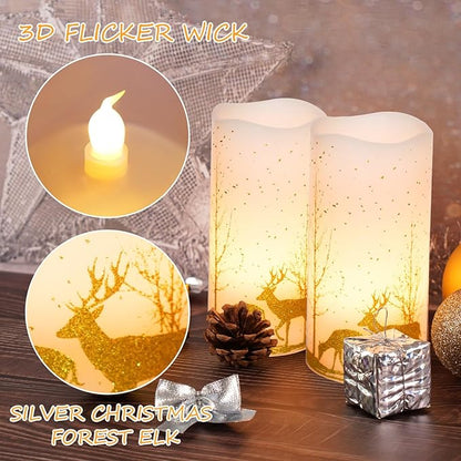 2Pack Christmas LED Flickering Flameless Candles, Battery Operated Wax Candles with Timer Remote, Flameless Pillar Candles with Forest Deer Decal for Home Decorations Christmas Gifts [Gold, 3"X6"]