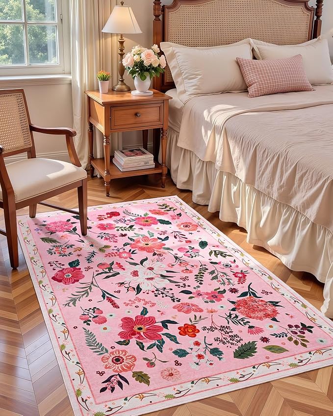 Macgace Pink Floral Rug for Girls Bedroom, 4x6 Machine Washable Area Rugs with Non Slip Backingfor Living Room, Cute Flowers Carpet Kitchen Dining Room Kids Playroom Decor