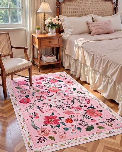 Macgace Pink Floral Rug for Girls Bedroom, 4x6 Machine Washable Area Rugs with Non Slip Backingfor Living Room, Cute Flowers Carpet Kitchen Dining Room Kids Playroom Decor
