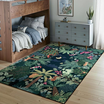 LIVEBOX Washable Jungle Dark Green Rug 5x7 for Living Room, Non-Slip Kids Bedroom Aesthetic Rug for Boy Play Room, Soft Stain Resistant Botanical Rugs for Nursery Dining Decor