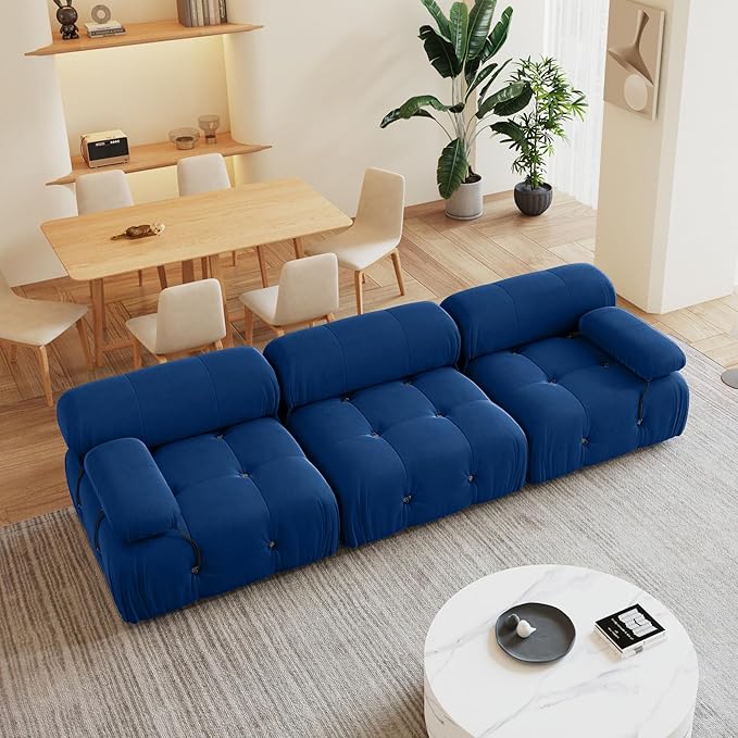 104'' Modular Sectional Sofa, Modern Luxury Velvet Bubble Couch, Deep Seat Cloud Sectional Couches for Living Room, Apartment (3 Seats, Blue)