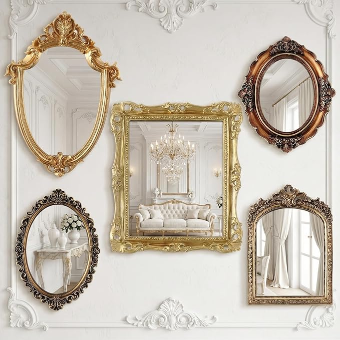 Wonderjune 5 Pcs Vintage Mirrors for Wall Decor Gold Antique Resin Frame Oval Rectangle Mirror for Home Decor Photography Props Gifts (Ornate Style)