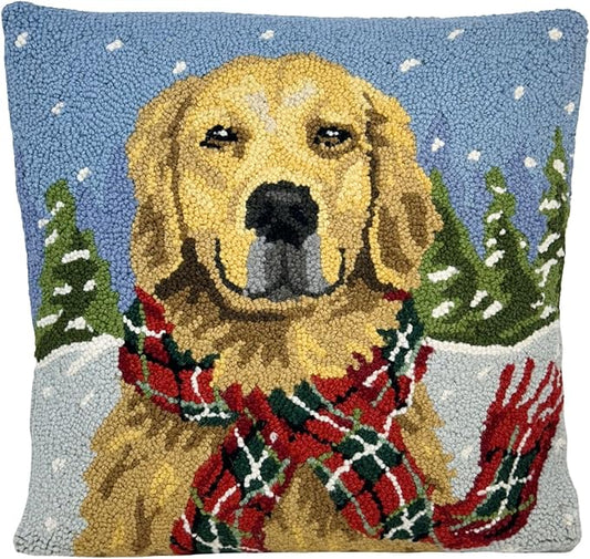 Hand Hooked Christmas Pillow - 16X16 inches Throw Pillow for Couch or Dorm (Golden Retriever)