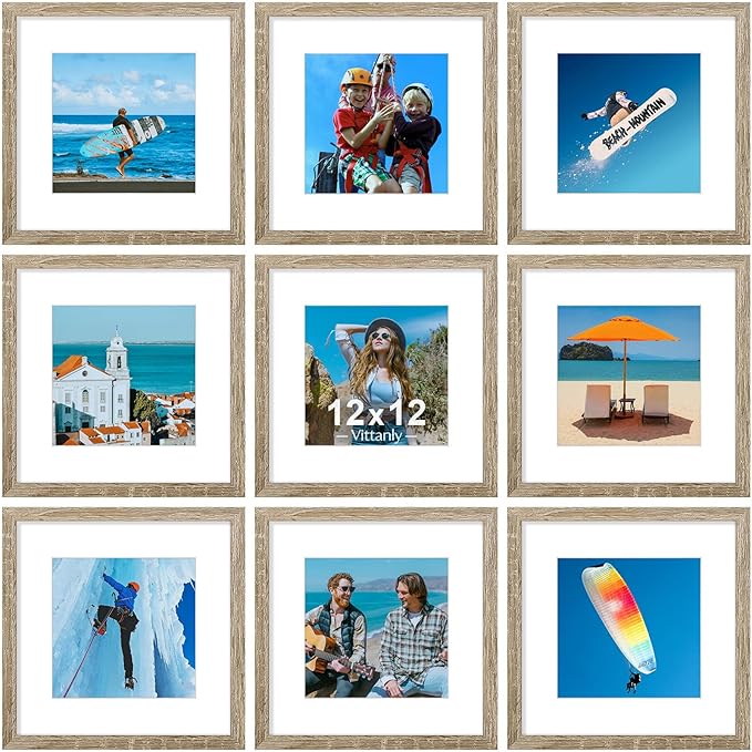 Vittanly 12x12 Picture Frames Set of 9, Display 8x8 Pictures with Mat or 12x12 without Mat, Photo Frames for Wall Mount, Engineered Wood, Light Wood