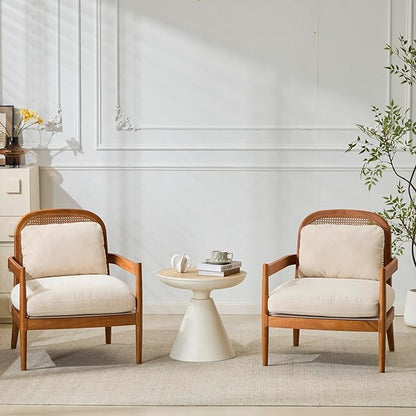 Christopher Knight Home Nadine Accent Chairs Set of 2, Wooden Club Chair, Rattan Open Back Armchair, Accent Reading Sofa Chair with Cushions, Club Chairs Set of 2 for Living Room Bedroom, Beige+Teak